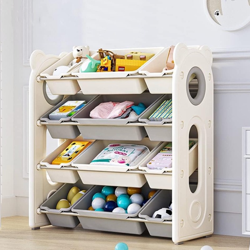 Étagère de rangement à jouets pour enfants avec 12 bacs inclinés et oreilles d'ours