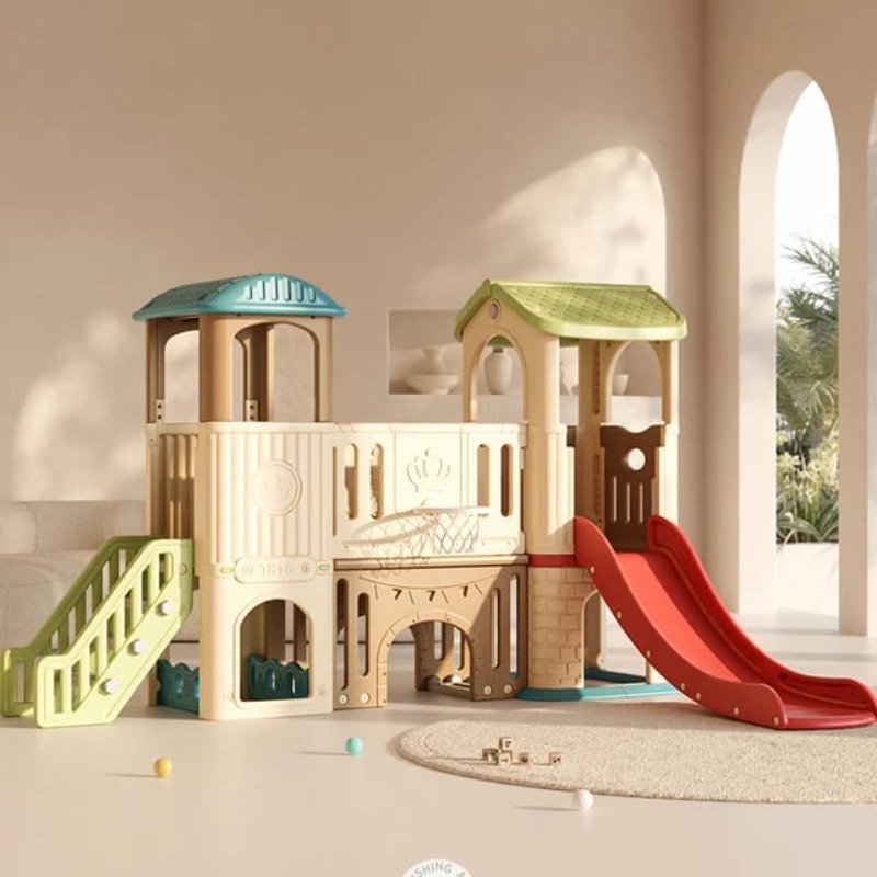Structure de jeu d'intérieur/Portique d'escalade pour enfants avec toboggan et maisonnettes