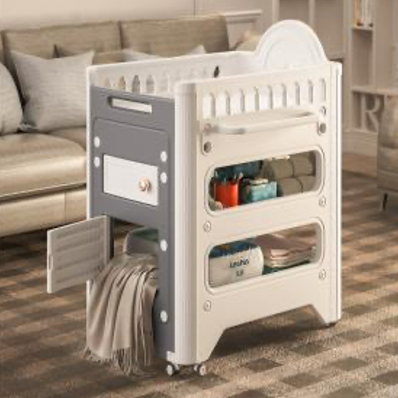 Meuble de rangement multifonctionnel mobile pour bébé, style berceau, avec tiroirs et étagères